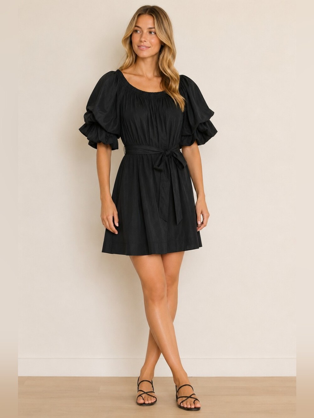 MERSEA Tulum Ruffle Blk Puff Sleeve Mini Dress OS Lagenlook Wedding Boho Cottage